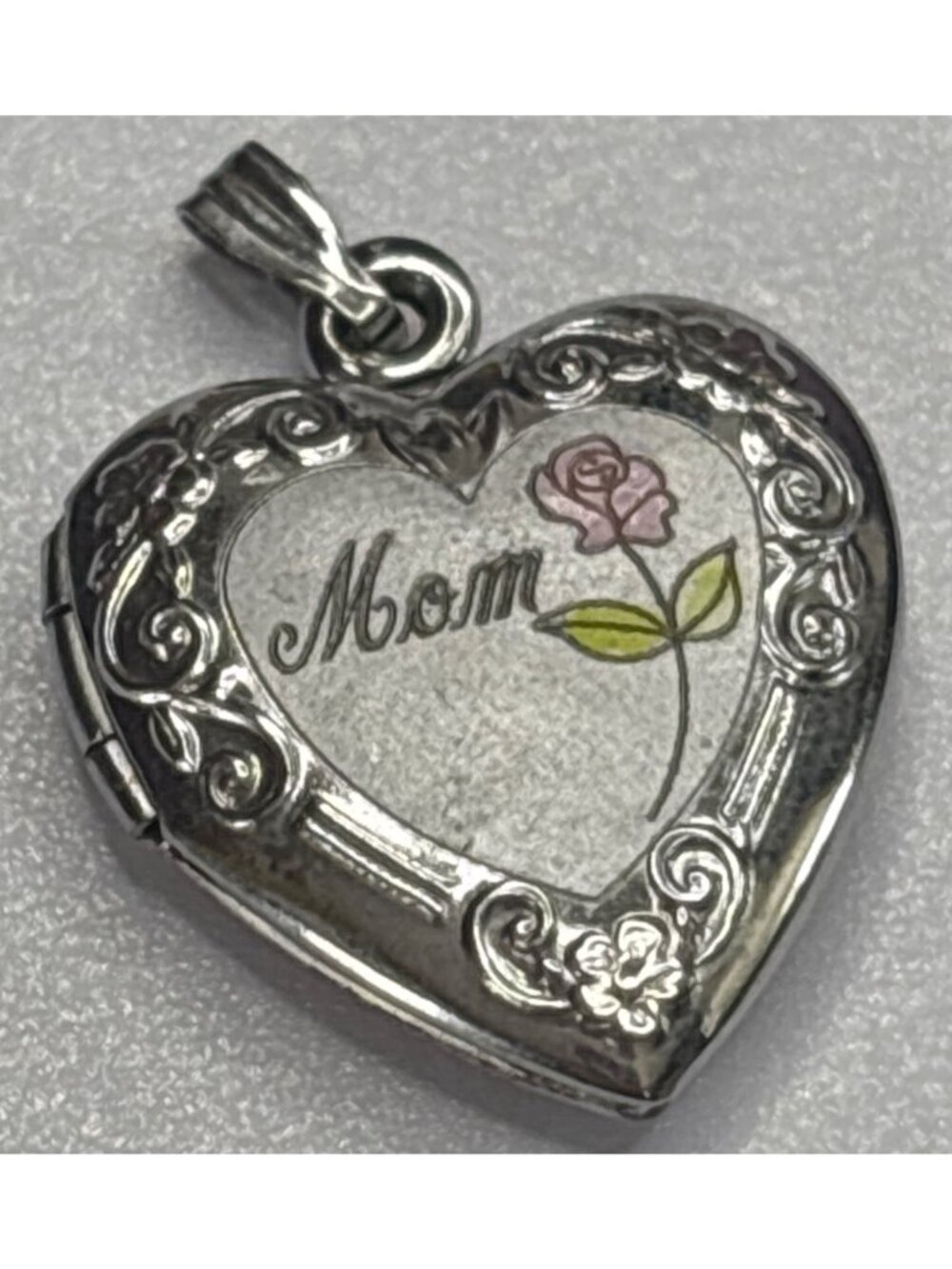 Vintage 925 Sterling Silver Heart Locket  Etched Mom & Pink Rose Charm